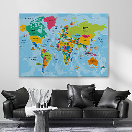 Harita Sepeti Türkçe Dünya Haritası Sembollü ve Okyanuslu Dekoratif Kanvas Tablo 2472