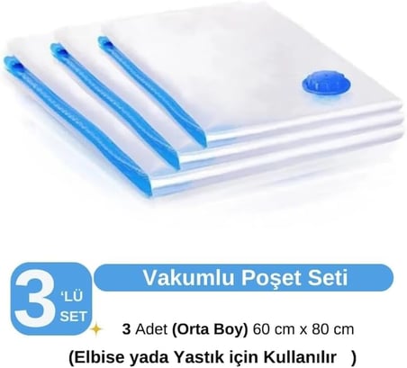 (3 ADET) ORTA BOY (60 cm x 80 cm) VAKUMLU POŞET - VAKUMLU HURÇ - VAKUMLU TORBA