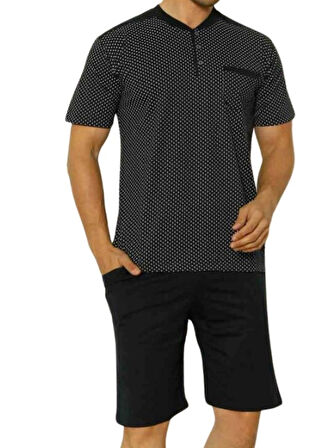 Erkek Desenli Bisiklet Yaka 3 Düğmeli Göğüs Cepli %100 Pamuk Kısa Kol Şortlu Pijama Takımı
