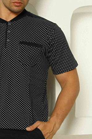 Erkek Desenli Bisiklet Yaka 3 Düğmeli Göğüs Cepli %100 Pamuk Kısa Kol Şortlu Pijama Takımı