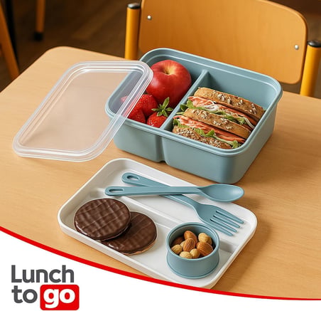 3 Bölmeli Beslenme Kabı 920 ml Sosluklu Sızdırmaz Kapaklı BPA İçermez Çatal Kaşık Dahil Lunch Box Bölmeli Yemek Kabı (Yeşil)