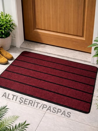 Şerit Desenli Kapı Önü Paspası Kaymaz taban Dayanıklı Su Geçirmez Emici Nem Toz UV Dayanıklı 45x70cm (Bordo)
