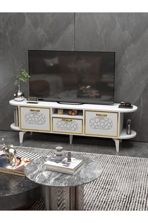 TV Sehpası 160 cm Modern 3 Kapaklı Tv Sehpa Çok Amaçlı Konsol Ünitesi Mira 5032 Beyaz Gold
