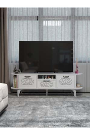 TV Sehpası 160 cm Modern 3 Kapaklı Tv Sehpa Çok Amaçlı Konsol Ünitesi Mira 5033 Gümüş Beyaz