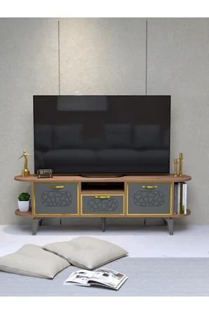 TV Sehpası 160 cm Modern 3 Kapaklı Tv Sehpa Çok Amaçlı Konsol Ünitesi Mira 5030 Antrasit Gold