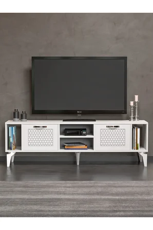 TV Sehpası 160 cm Modern Çok Amaçlı Dolaplı Raflı Televizyon Ünitesi Linya 5043 Beyaz Gümüş