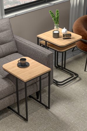 Zigon Sehpa 3'lü Tekerlekli Metal Ayaklı Yan Sehpa 