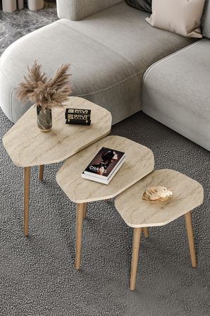 Zigon Sehpa 3'lü Trio Ahşap Yan Sehpa Orta Sehpa 