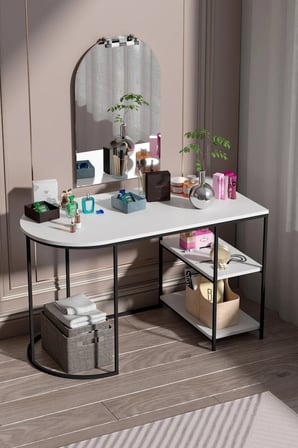 White Oval-Shaped Work and Makeup Desk with Mirror and Shelves