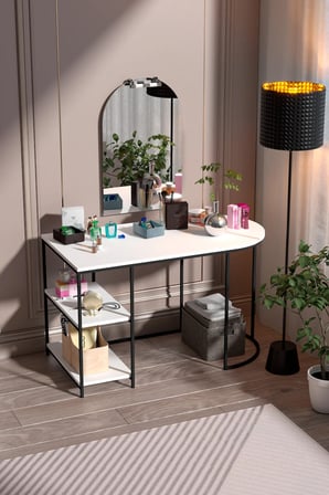 White Oval-Shaped Work and Makeup Desk with Mirror and Shelves
