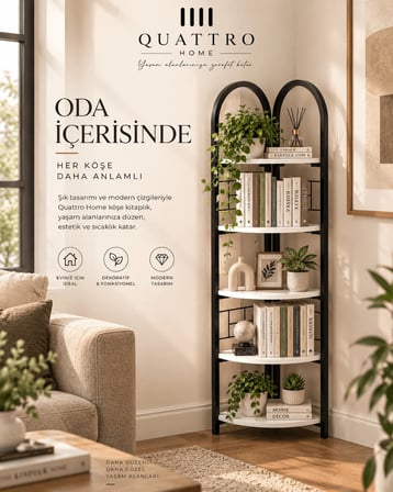 Metal İskeletli 5 Raflı Köşe Kitaplık ve Çiçeklik - Beyaz