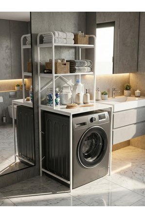 Çamaşır Makinesi Dolabı 2 Katlı Geniş Depolama Raf Ünitesi Metal Banyo Organizer Standı 