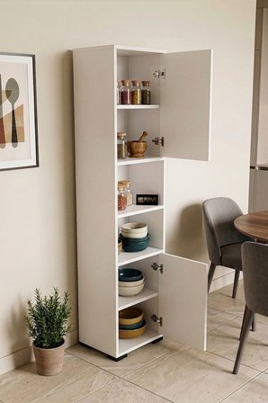Mutfak Dolabı Çok Amaçlı Raflı Kapaklı İnce Uzun Erzak Dolap Organizer Beyaz