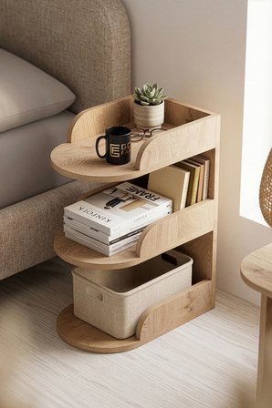 Komodin Modern Ahşap 3 Katlı Raflı Yan Sehpa Çok Amaçlı Organizer Kitaplık 180 Sepet rengi
