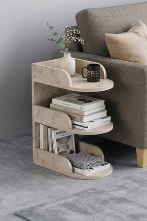 Yan Sehpa Modern 3 Katlı Kitaplıklı Çok Amaçlı Dekoratif Sehpa Minimal Tasarım 6103 Traverten