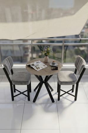 Mutfak Masası 70 Çap 2 Sandalyeli Traverten Görünümlü Balkon Bahçe Cafe Masa Seti Elma Gri