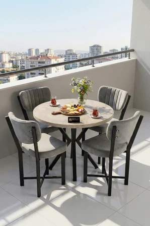 Mutfak Masası 4 Sandalyeli Set 90 Çap Yuvarlak Cafe Balkon Ofis Masa Yemek Takımı Elma 9866 Gri