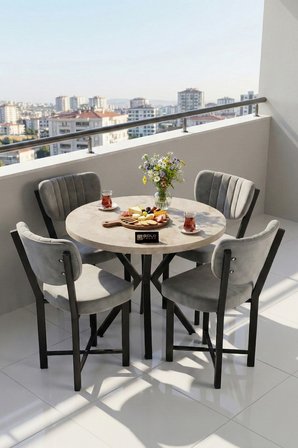 Mutfak Masası 4 Sandalyeli Set 90 Çap Yuvarlak Cafe Balkon Ofis Masa Yemek Takımı Elma 9866 Gri