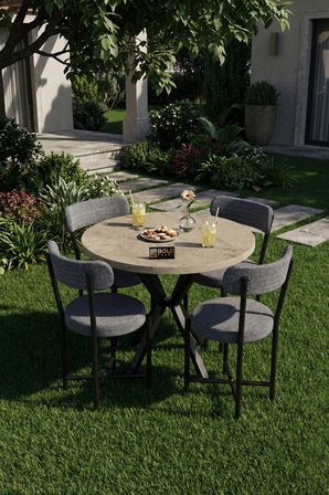 Mutfak Masası 4 Sandalyeli Set 90 Çap Yuvarlak Cafe Balkon Ofis Masa Yemek Takımı Teddy Gri