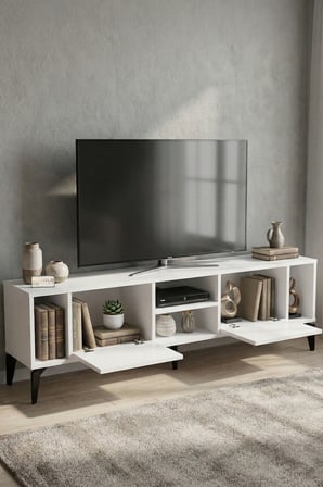 TV Sehpası 160 cm Modern Çok Amaçlı Dolaplı Raflı Televizyon Ünitesi Linya 5044 Beyaz