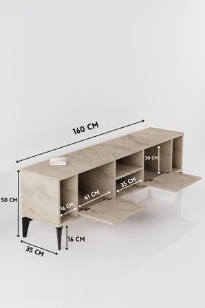 TV Sehpası 160 cm Modern Çok Amaçlı Dolaplı Raflı Televizyon Ünitesi Linya 5046 Traverten