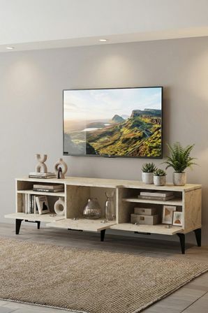 TV Sehpası 160 cm Kapaklı Raflı Televizyon Ünitesi Salon Oturma Odası TV Sehpa Mistral 5076 Traverten