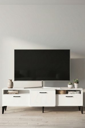 TV Sehpası 160 cm Kapaklı Raflı Televizyon Ünitesi Salon Oturma Odası TV Sehpa Mistral 5074 Beyaz