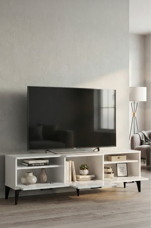 TV Sehpası 160 cm Kapaklı Raflı Televizyon Ünitesi Salon Oturma Odası TV Sehpa Mistral 5074 Beyaz