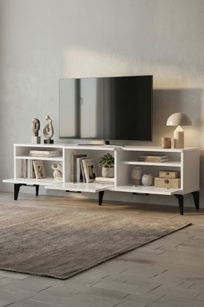 TV Sehpası 160 cm Kapaklı Raflı Televizyon Ünitesi Salon Oturma Odası TV Sehpa Mistral 5074 Beyaz