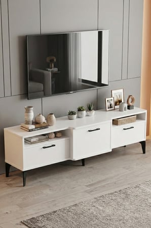TV Sehpası 160 cm Kapaklı Raflı Televizyon Ünitesi Salon Oturma Odası TV Sehpa Mistral 5074 Beyaz
