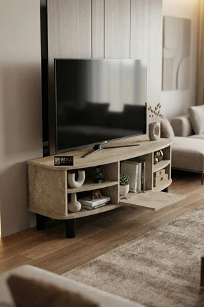 TV Sehpası 136 cm Kapaklı Raflı Çok Amaçlı Televizyon Ünitesi Salon Oturma Odası Vienna 5012 Traverten