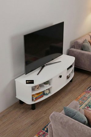 TV Sehpası 136 cm Kapaklı Raflı Çok Amaçlı Televizyon Ünitesi Salon Oturma Odası Vienna 5015 Beyaz