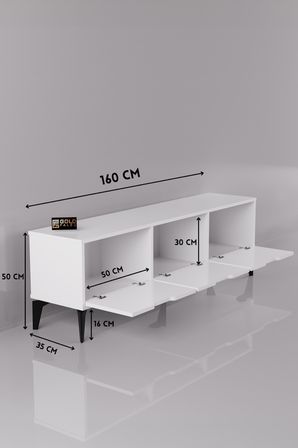 TV Sehpası 160 cm TV Ünitesi Kapaklı Modern Şık Minimal Salon Konsolu Royal 5091 Beyaz