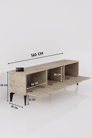 TV Sehpası 160 cm TV Ünitesi Kapaklı Modern Şık Minimal Salon Konsolu Royal 5092 Traverten