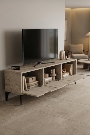 TV Sehpası 160 cm TV Ünitesi Kapaklı Modern Şık Minimal Salon Konsolu Royal 5092 Traverten