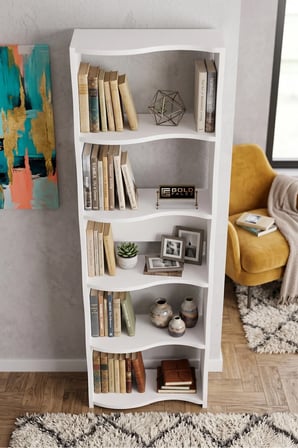 5 Raflı Modern Dalgalı Tasarım Beyaz Kitaplık ve Dekoratif Raf Ünitesi