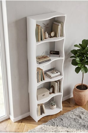 5 Raflı Modern Dalgalı Tasarım Beyaz Kitaplık ve Dekoratif Raf Ünitesi