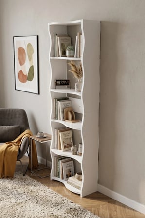 5 Raflı Modern Dalgalı Tasarım Beyaz Kitaplık ve Dekoratif Raf Ünitesi