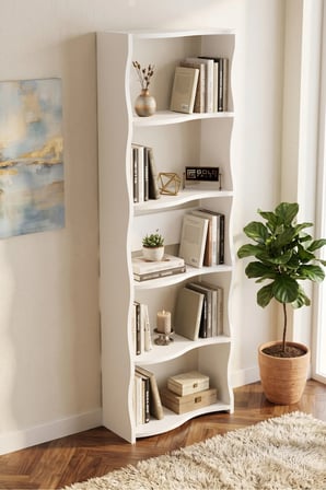 5 Raflı Modern Dalgalı Tasarım Beyaz Kitaplık ve Dekoratif Raf Ünitesi