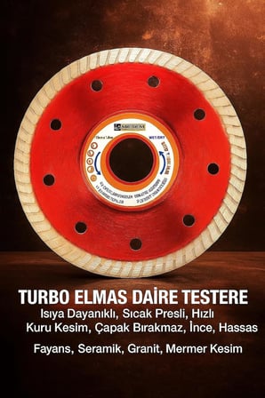 Turbo Elmas Daire Testere, Fayans, Seramik, Granit, Mermer Kesim İçin, 115 mm Boy, 22.2 mm Delik, 1.4 mm Kalınlık, Isıya Dayanıklı, Sıcak Presli, Hızlı Kuru Kesim, Çapak Bırakmaz, İnce, Hassas