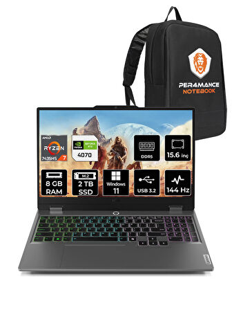 Lenovo LOQ R7 7435HS 8GB 2TB SSD RTX4070/8GB 115W 144Hz FHD 15.6" W11H Gaming Laptop & PER4 ÇANTA