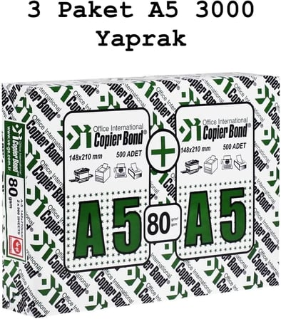 Copier Bond A5 Fotokopi Kağıdı 3 Paket 1000 Yaprak x 3 Toplam 3000 Yaprak