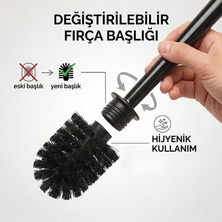Plastik Tuvalet Fırçası, Mat Hazneli, Değiştirilebilir Başlıklı, Siyah Fırçalı, WC Fırçası (1, Siyah)