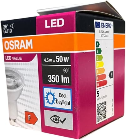 GU10 LED Ampul 4.5W 6500K Beyaz Işık – 350lm, 36° Işık Açısı, 10'lu Ekonomik Paket, Enerji Sınıfı F – 15.000 Saat Ömür
