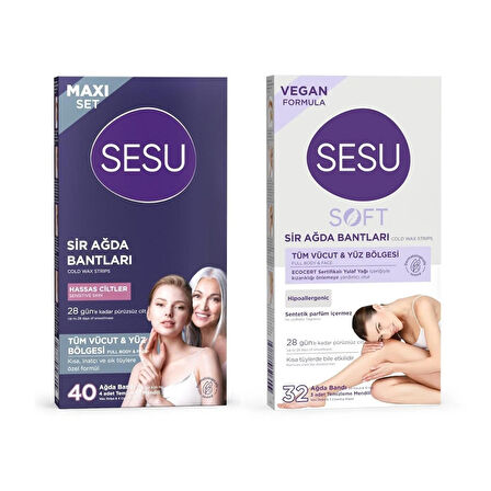 Sesu Maxi Set Tüm Vücut & Yüz Bölgesi Sir Ağda Bantları Hassas 40 lı + Soft 32 li