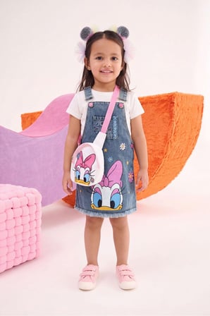 Nota Kids Baskılı  Kız Çocuk  Kot Jile Elbise ve Çantalı İkili Takım