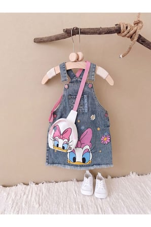 Nota Kids Baskılı  Kız Çocuk  Kot Jile Elbise ve Çantalı İkili Takım