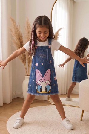 Nota Kids Baskılı  Kız Çocuk  Kot Jile Elbise ve Çantalı İkili Takım