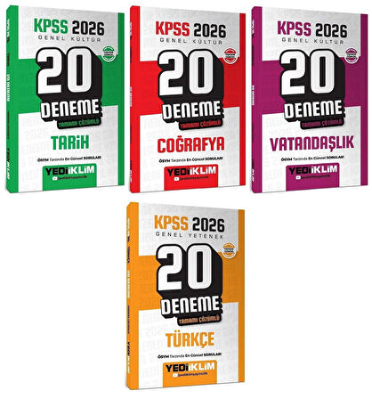 Yediiklim 2026 KPSS Tarih + Coğrafya + Vatandaşlık + Türkçe 80 Deneme 4 lü Set Yediiklim Yayınları