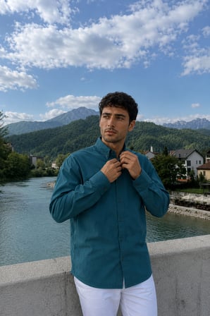 Erkek Minimal Baskılı Oversize Dokulu Gömlek Zümrüt